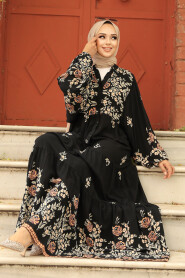 Modest Black Floral Dress 10300S - 2