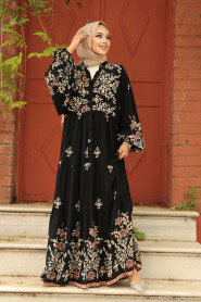Modest Black Floral Dress 10300S - 3