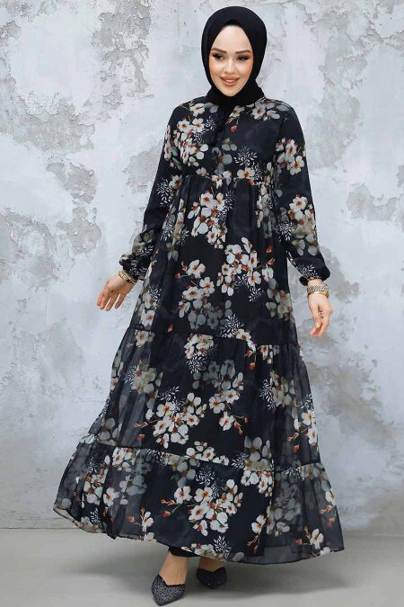 Modest Black Floral Dress 22053S - NEVA STYLE