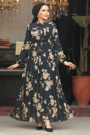 Modest Black Floral Dress 22353S - 3