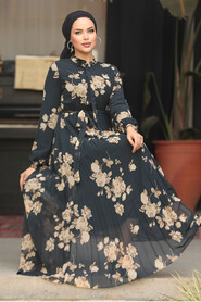 Modest Black Floral Dress 22353S - 2