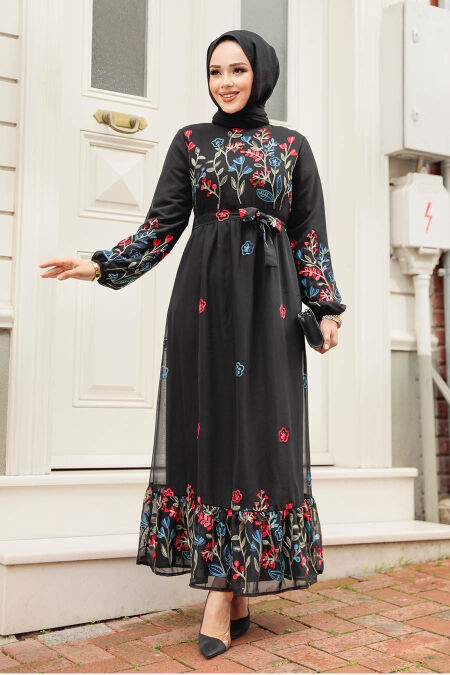 Modest Black Floral Dress 23233S - NEVA STYLE