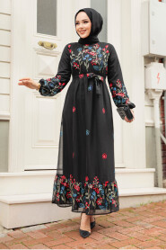 Modest Black Floral Dress 23233S - 2