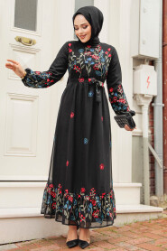 Modest Black Floral Dress 23233S - 3