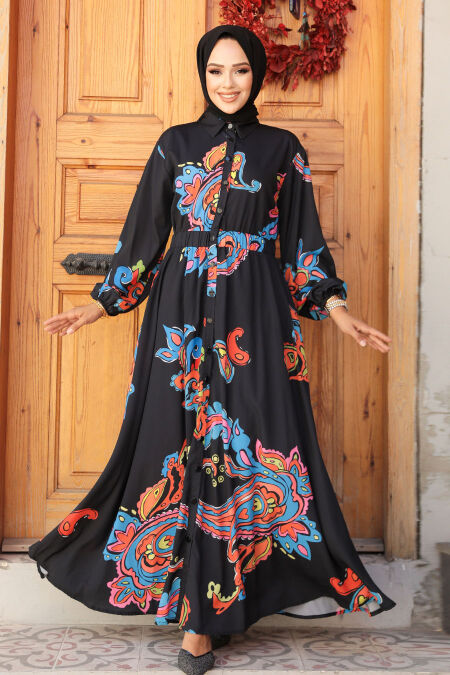 Modest Black Floral Dress 23441S - NEVA STYLE