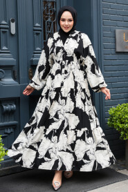 Modest Black Floral Dress 235801S - 1