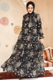 Modest Black Floral Dress 23603S - 2