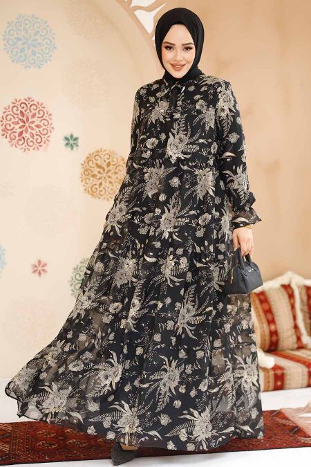 Modest Black Floral Dress 23603S - NEVA STYLE