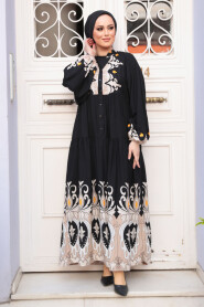 Modest Black Floral Dress 32162S - 3