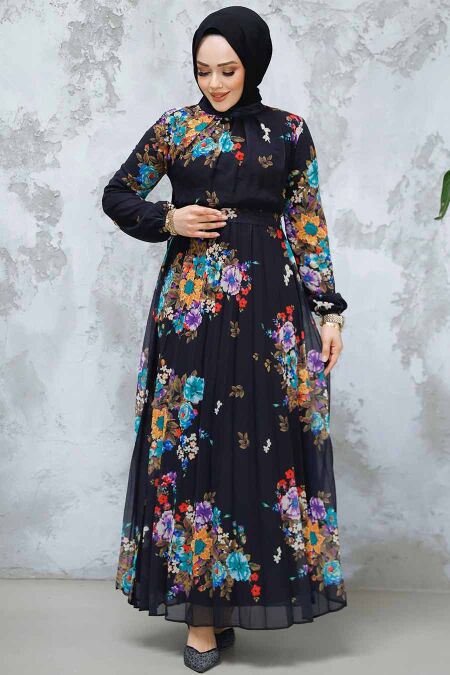 Modest Black Floral Dress 34468S - NEVA STYLE