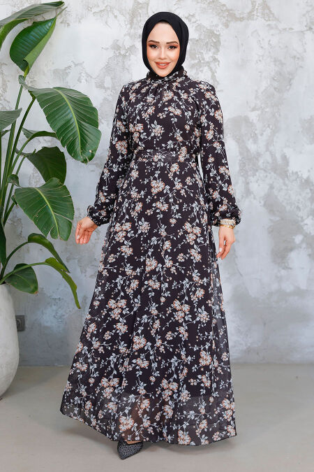 Modest Black Floral Dress 52682S - NEVA STYLE