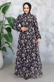 Modest Black Floral Dress 52682S - 2