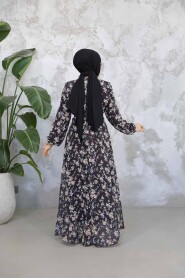 Modest Black Floral Dress 52682S - 3