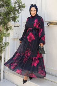 Modest Black Floral Dress 60942S - 1