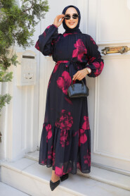 Modest Black Floral Dress 60942S - 2