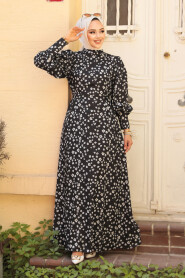 Modest Black Floral Dress 61091S - 2