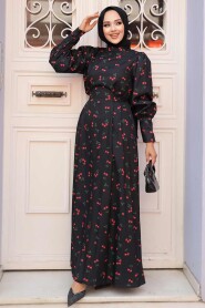 Modest Black Floral Dress 61094S - 1