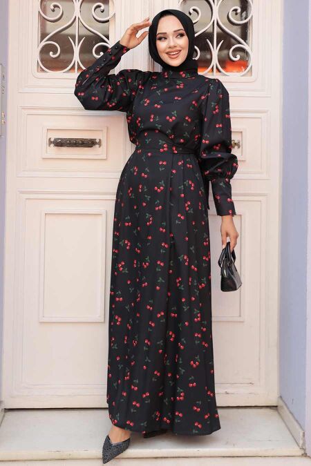 Modest Black Floral Dress 61094S - NEVA STYLE