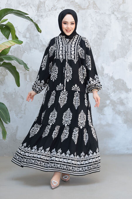 Modest Black Floral Long Dress 18242S - NEVA STYLE