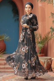 Modest Black Floral Long Dress 22352S - 3