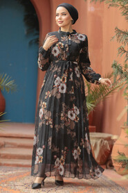 Modest Black Floral Long Dress 22352S - 4