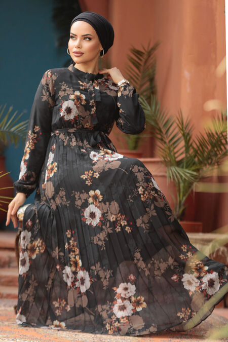 Modest Black Floral Long Dress 22352S - NEVA STYLE