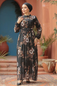 Modest Black Floral Long Dress 22352S - 2