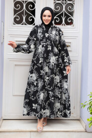 Modest Black Floral Long Dress 23589S - 1