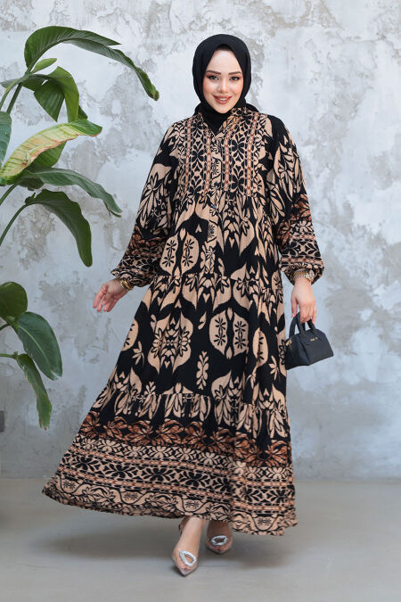 Modest Black Floral Long Dress 30025S - NEVA STYLE