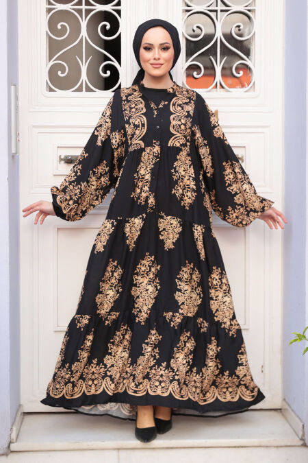 Modest Black Floral Long Dress 3035S - NEVA STYLE