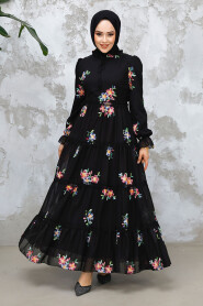 Modest Black Floral Long Dress 32815S 