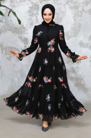 Modest Black Floral Long Dress 32815S - 3