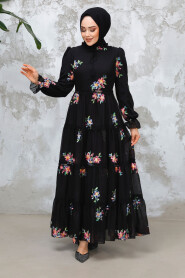 Modest Black Floral Long Dress 32815S - 2