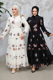 Modest Black Floral Long Dress 32815S - 6