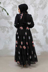 Modest Black Floral Long Dress 32815S - 7