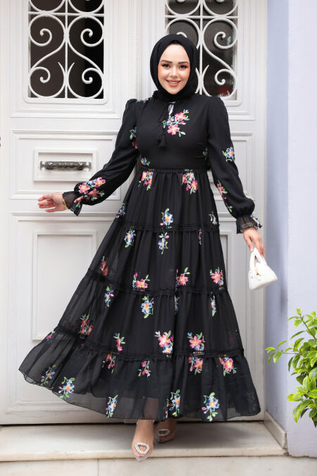 Modest Black Floral Long Dress 32815S - NEVA STYLE