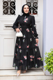 Modest Black Floral Long Dress 32815S - 2