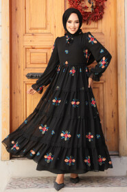 Modest Black Floral Long Dress 45541S - 2