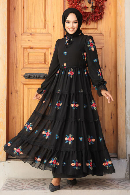 Modest Black Floral Long Dress 45541S - NEVA STYLE