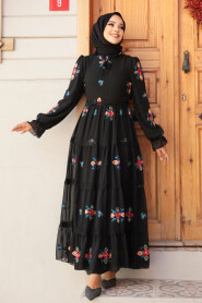 Modest Black Floral Long Dress 45541S - 3