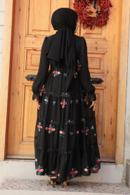 Modest Black Floral Long Dress 45541S - 4