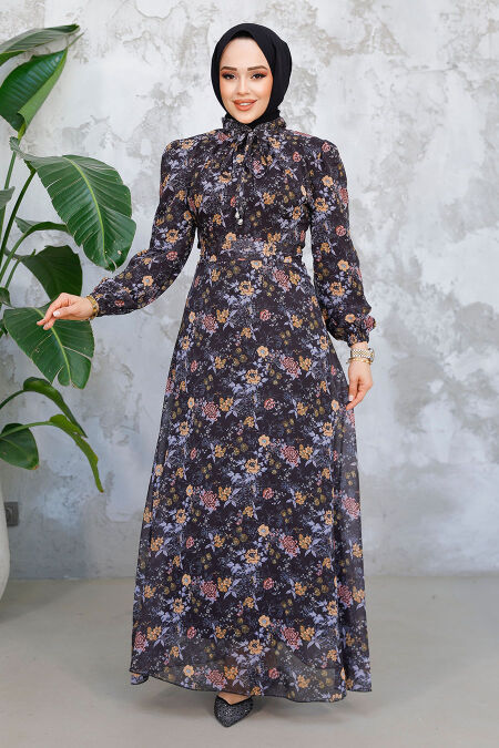 Modest Black Floral Long Dress 50812S - NEVA STYLE