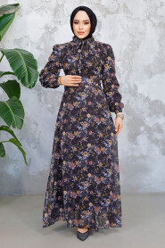 Modest Black Floral Long Dress 50812S - 2