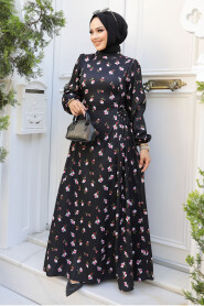 Modest Black Floral Long Dress 61070S - 1