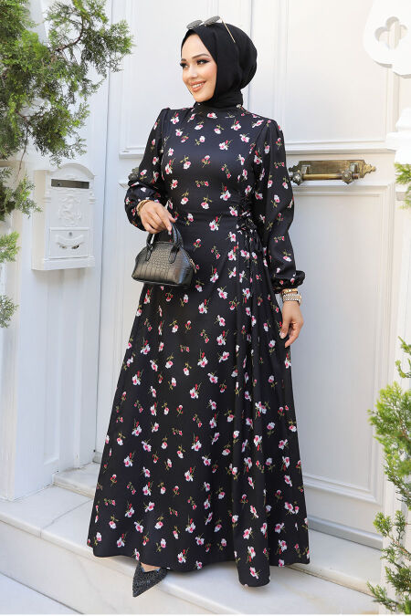 Modest Black Floral Long Dress 61070S - NEVA STYLE