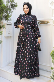 Modest Black Floral Long Dress 61070S - 2