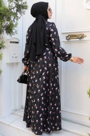 Modest Black Floral Long Dress 61070S - 3