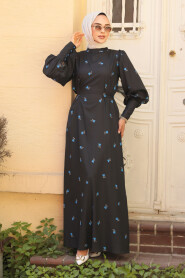 Modest Black Floral Long Dress 61093S - 1