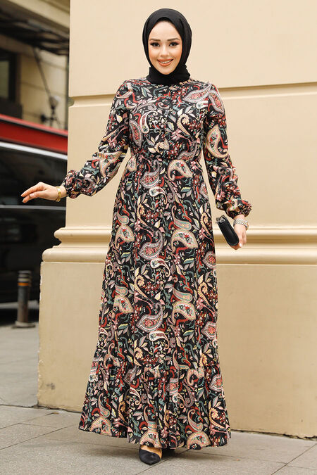 Modest Black Floral Long Dress 70152S - NEVA STYLE