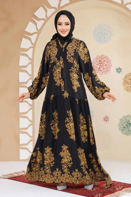 Modest Black Floral Long Sleeve Dress 18241S - NEVA STYLE